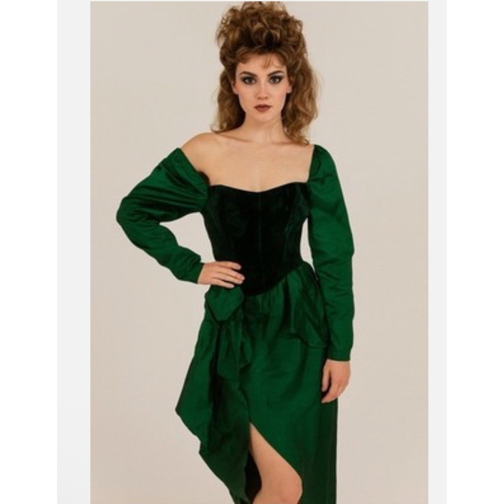 Dance Allure‎ Vtg 80s Velvet Evening Dress Green Womens Puff Sleeves Ball Gown